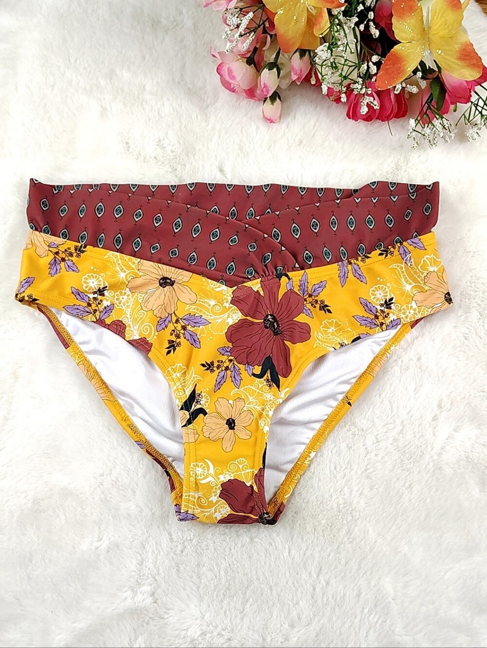 VENUS Crossover High Waist Bikini Bottoms Marigold Yellow Floral Geometric 8 (M)